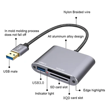 3 in1 USB 3.0 Multi-funkcija Greitai Perdavimo XQD Micro-SD Atminties Kortelių Skaitytuvą, Didelės Spartos duomenų Perdavimo Kortelių Skaitytuvas