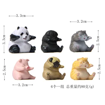 6Pcs Sėdi Išsipūtęs Gyvūnų Figūrėlės Sodo Dekoro Mini Panda Katė Pug Kiaulių Miniatiūros 
