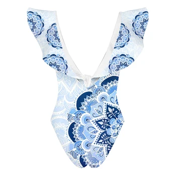 Blue Print Pynimas Mados Vientisi Maudymosi Kostiumėlį Moteriškas V-Kaklo Backless Bikini Elegantiškas Paplūdimio Padengti Iki 2022 Plonas Elegantiškas Maudymosi Kostiumėliai