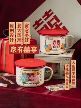 Kinų stiliaus medžio emalio retro vestuvių taurės didelės pusryčiai taurės kūrybos puodelis puodelis namų emalio puodelis su dangteliu puodelio vandens