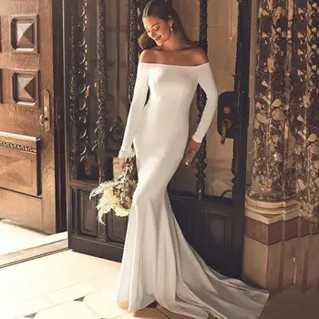 Naujas, Modernus Paprasta Undinė Vestuvių Vestuvių Suknelės Off Peties ilgomis Rankovėmis Mygtukus Atgal Vestuvių Suknelės už Nuotakų Valymo Traukinio 2021