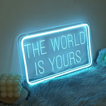 PASAULYJE YRA TAVO Neoninis Ženklas LED Neon Light Užsakymą Neoninis Ženklas Ice Blue Namų Kambario Sienų Dekoras Graviruoti Neono Meno Pasirašyti Gimtadienio Dovana