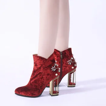 Phoentin kristalų gėlių dygliuotos batai pearl metalo fretwork super aukšti kulniukai gražus užtrauktukas moterų batai raudoni batai FT270
