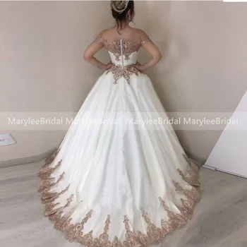 Princesė Balta Vestuvinė Suknelė Su Ruda Aplikacijos Derliaus Skaidrus ilgomis Rankovėmis Pritaikyti Kamuolys Suknelė Vestuvių Suknelės skraiste mariage