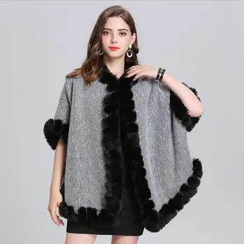 Žiemos Europoje naujų Fashon negabaritinių palaidų dirbtinė lapės kailio apykaklė megzti paltai moterų šikšnosparnių rankovėmis megztinis skara apsiaustu, striukės F210