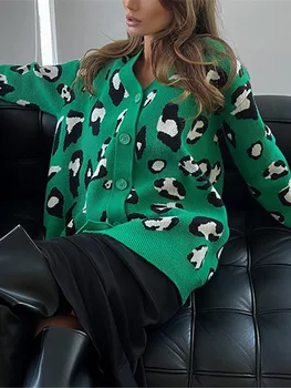 Žiemos Green Leopardas Spausdinti Megztinis Moterims Prarasti Storas Šiltas Megztas Megztinis Moteris Atsitiktinis Mados Streetwear Megztinis Kailis